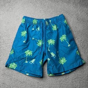 Party Sharks Swim Shorts Men's Small Blue Palm Tree Print